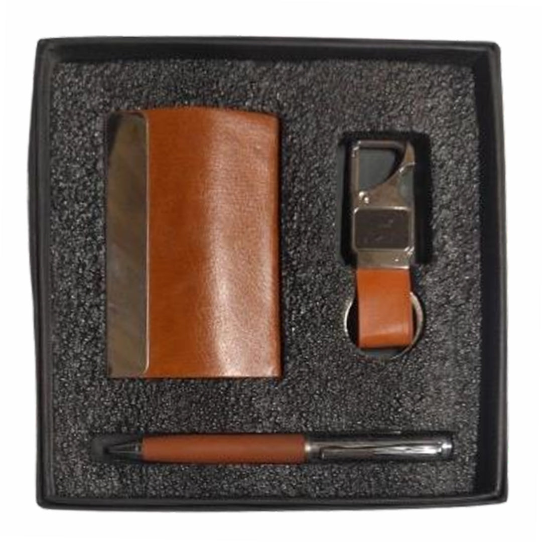 CUBIC Executive Brown Cardholder, Pen & Keychain Gift Set | Premium Corporate Combo