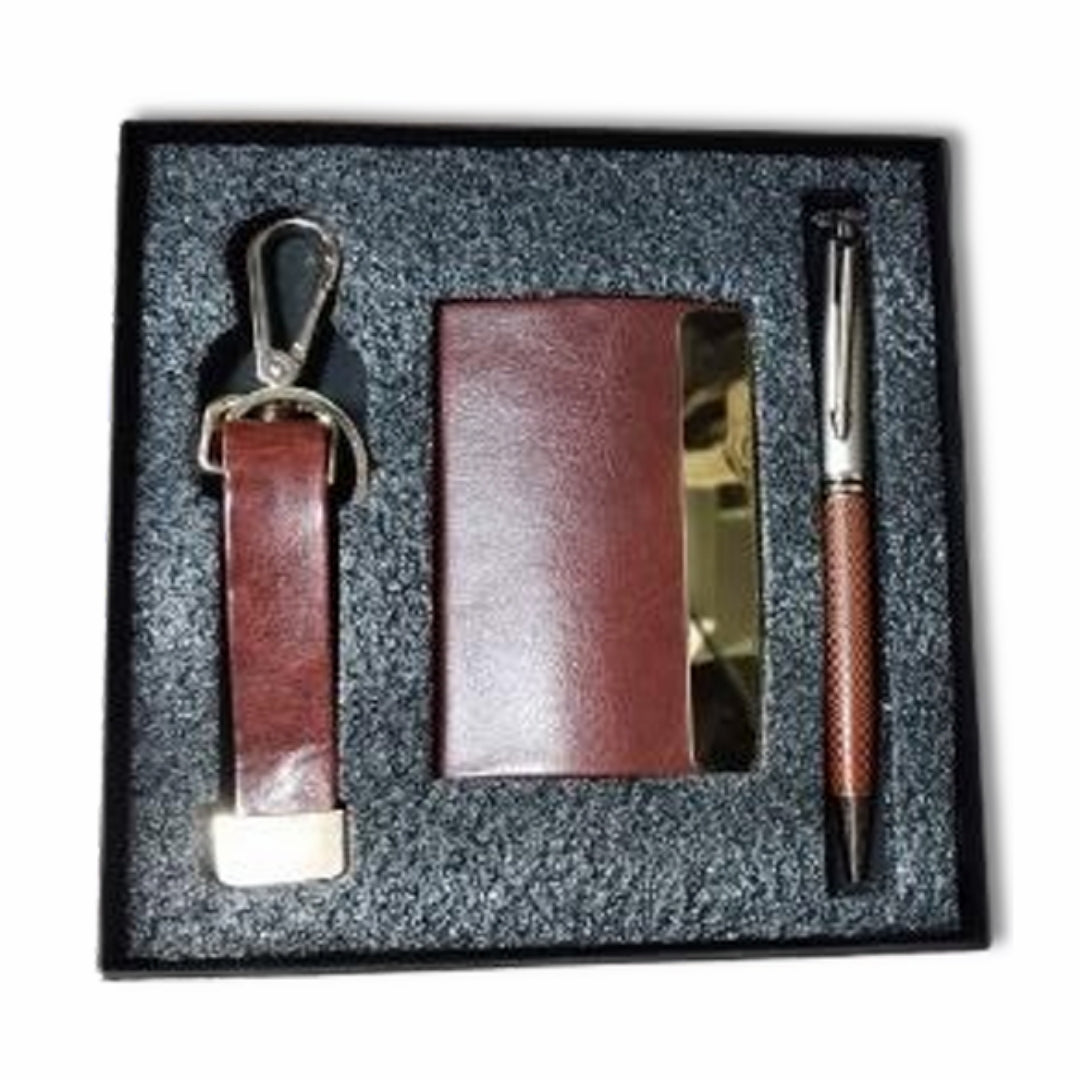 CUBIC Executive Brown Cardholder, Pen & Keychain Gift Set | Premium Corporate Combo
