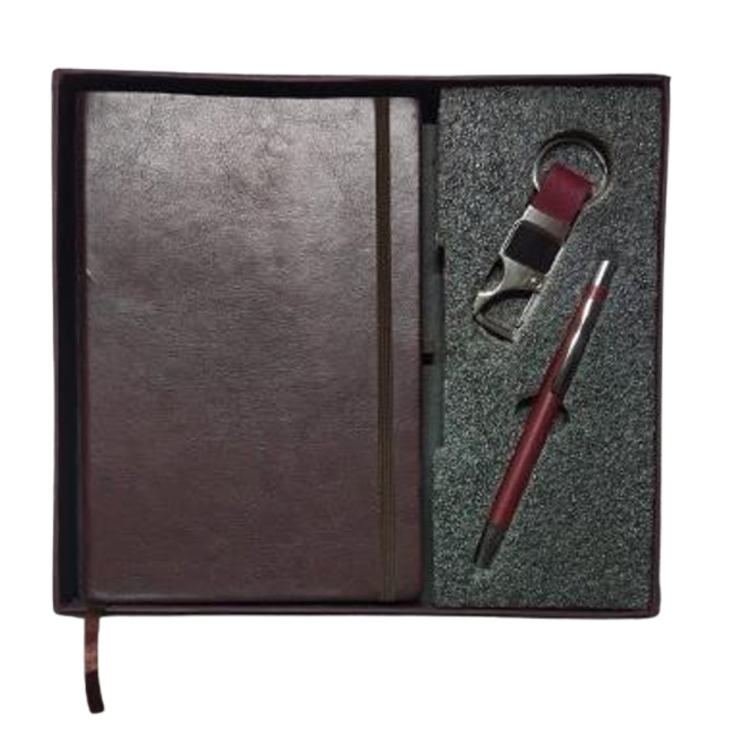 CUBIC 3-in-1 Brown Diary, Pen & Keychain Gift Set | Premium Corporate Box