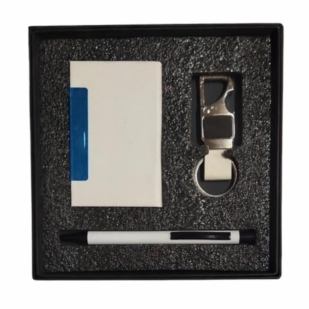 CUBIC White Executive Cardholder, Pen & Hook Keychain Gift Set | Corporate Combo Box