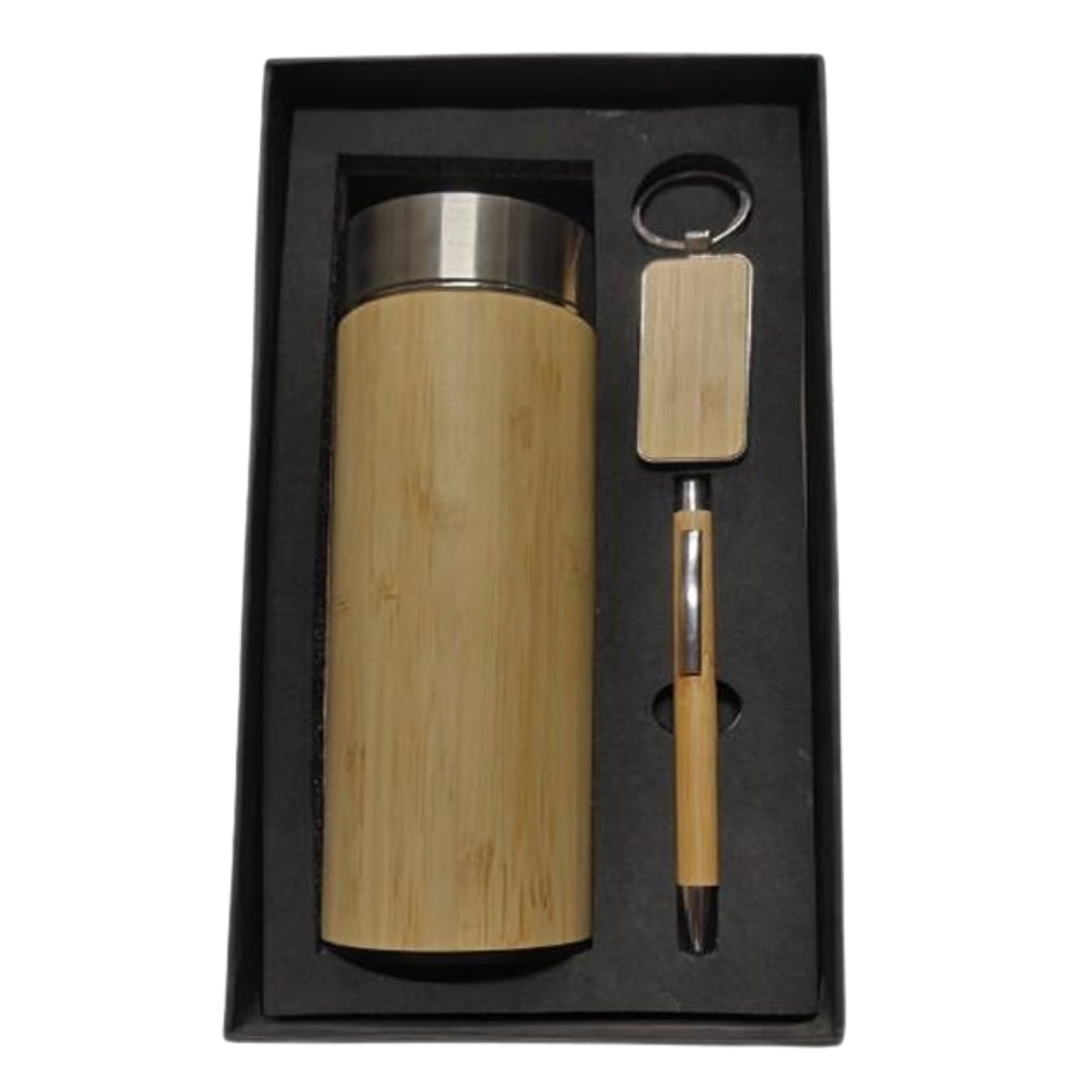 CUBIC 3-in-1 Bamboo Bottle, Bamboo Pen & Bamboo Keychain Gift Set | Box