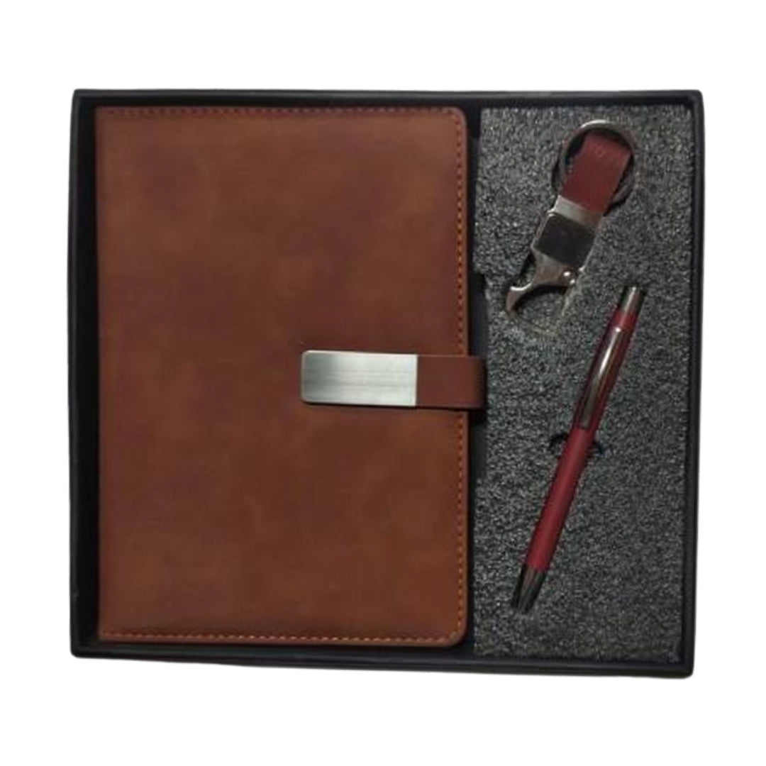 CUBIC 3-in-1 Brown Flap Diary, Pen & Keychain Gift Set | Premium Box