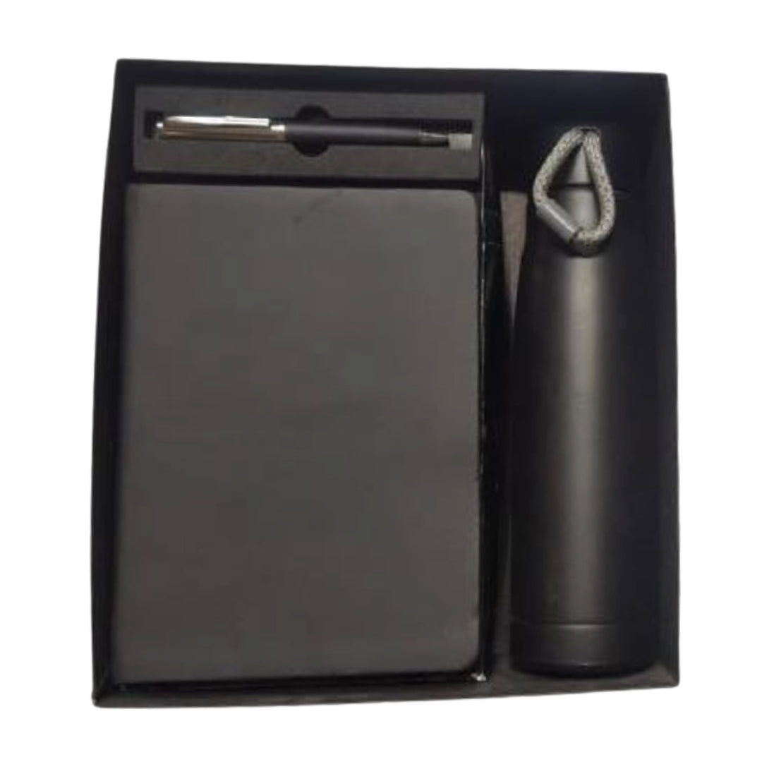 CUBIC 3-in-1 Plain Black Diary, Pen & Rope Bottle Gift Set | Premium Box
