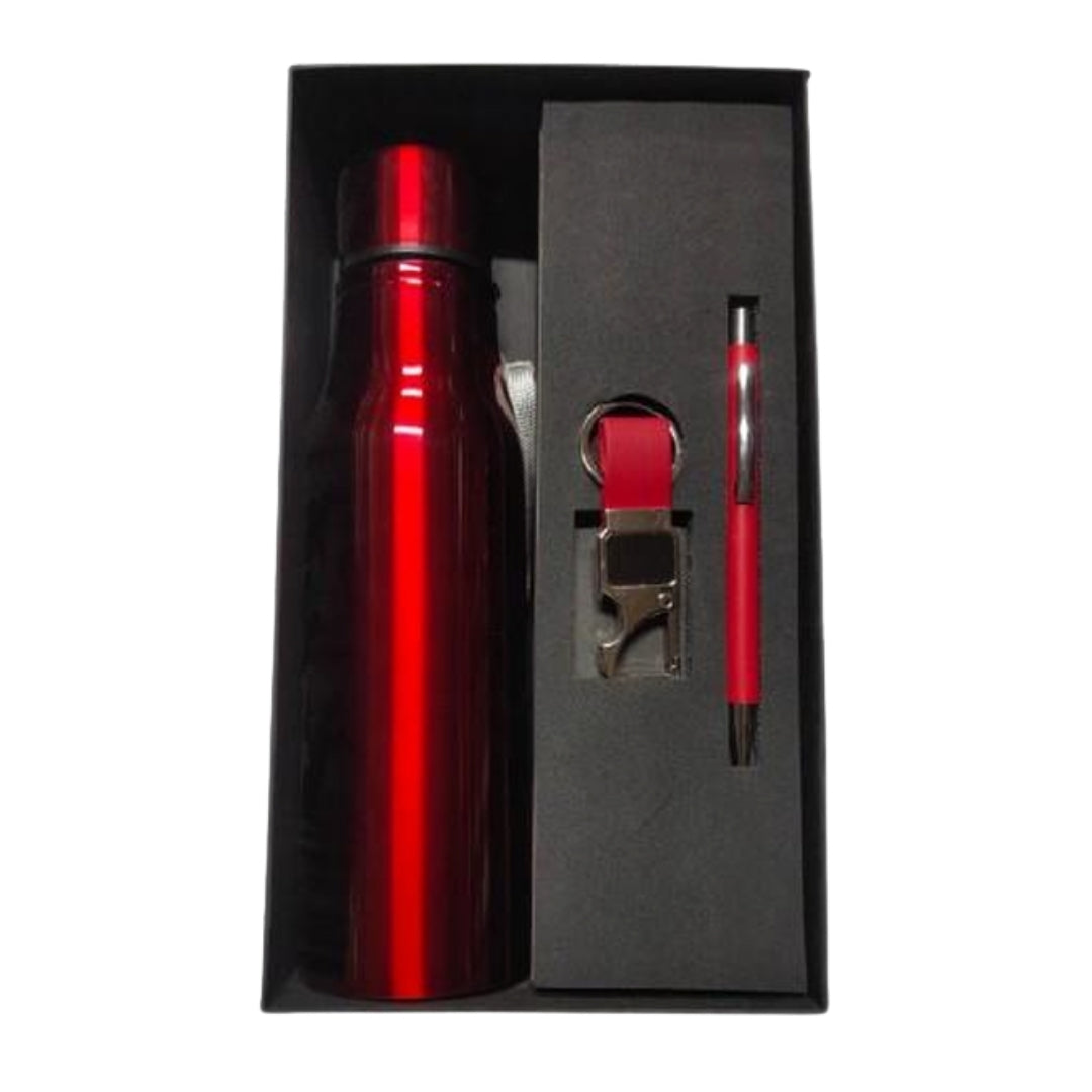 CUBIC 3-in-1 Red Bottle, Pen & Keychain Gift Set | Premium Corporate Box