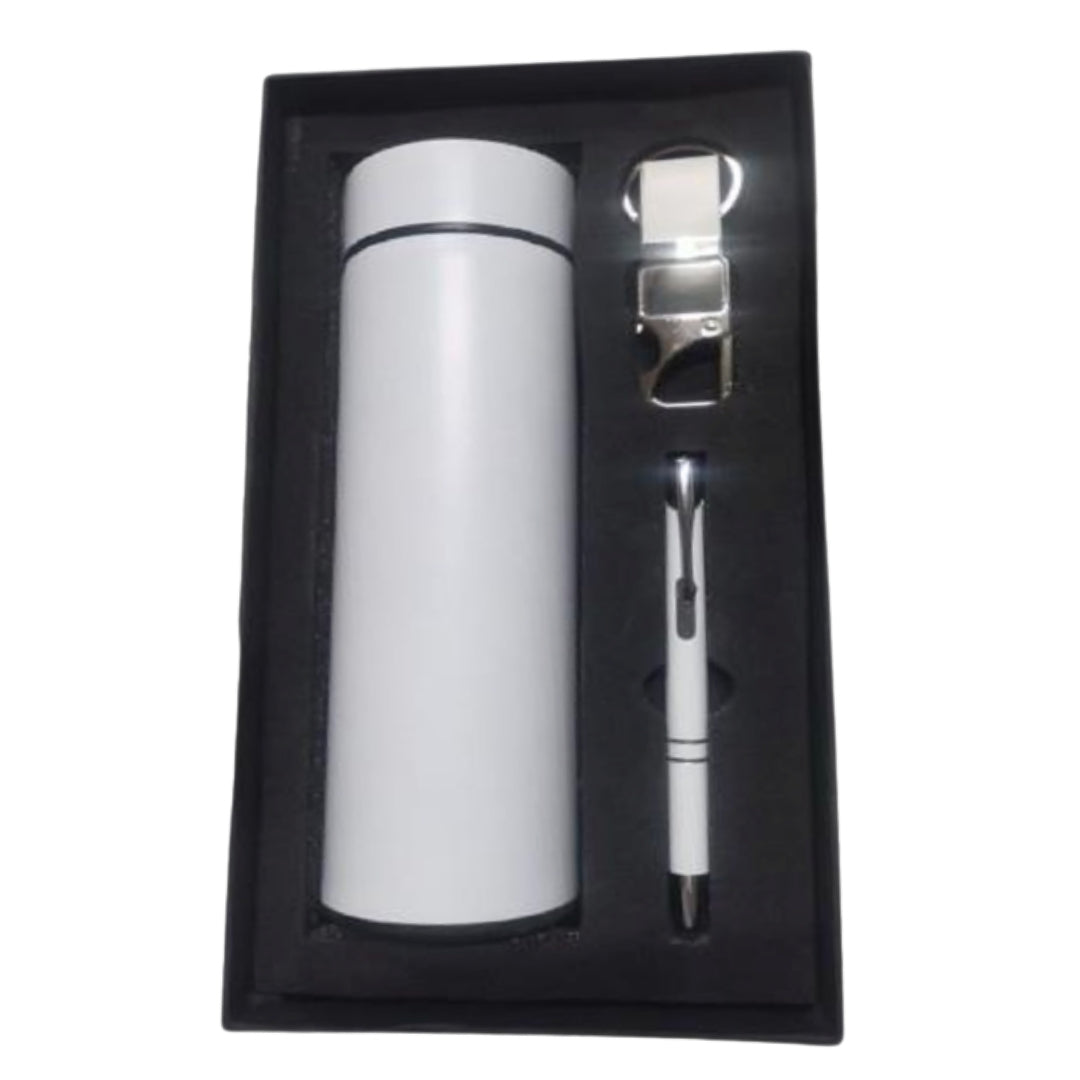 CUBIC 3-in-1 White Bottle, Pen & Keychain Gift Set | Premium Corporate Box