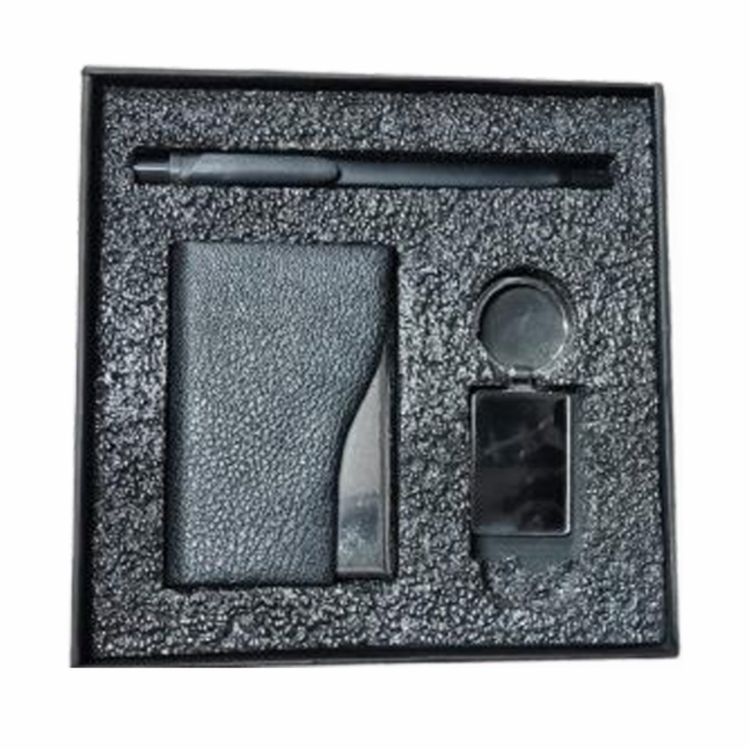 Cubic Premium Cardholder Gift Set with Pen & Keychain – Black Finish