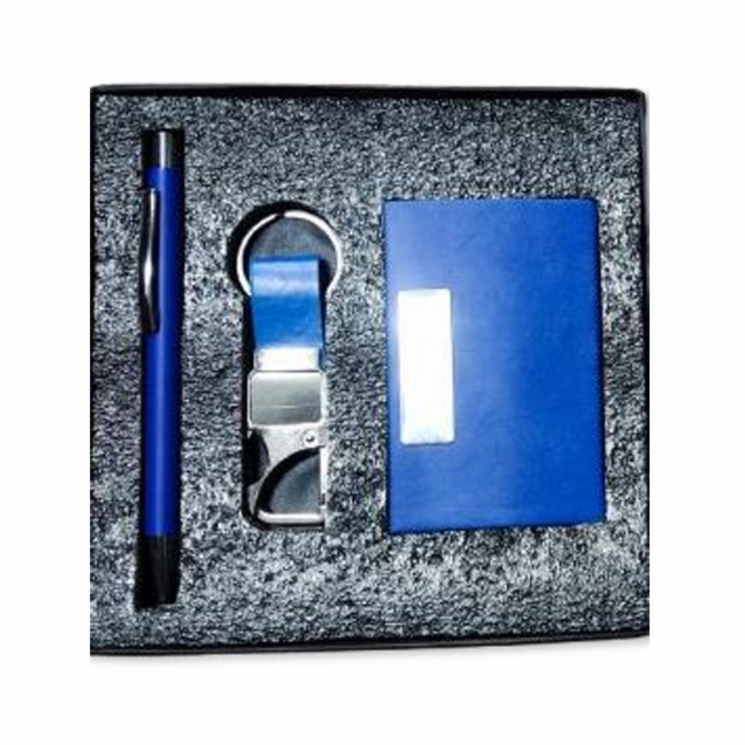Cubic Blue Metal Cardholder Gift Set with Pen & Keychain