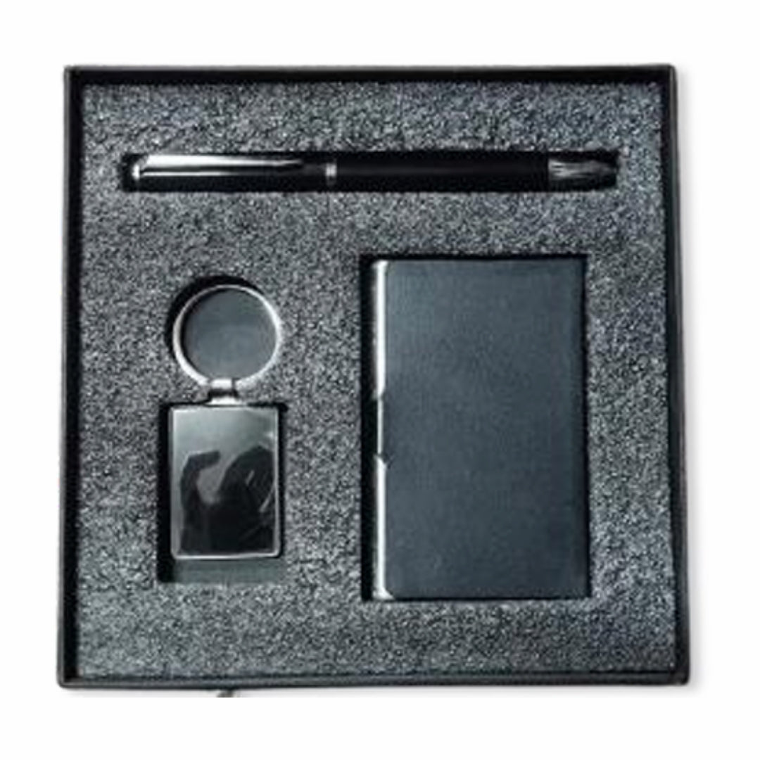 Cubic Metal Cardholder Gift Set with Pen & Keychain – Black