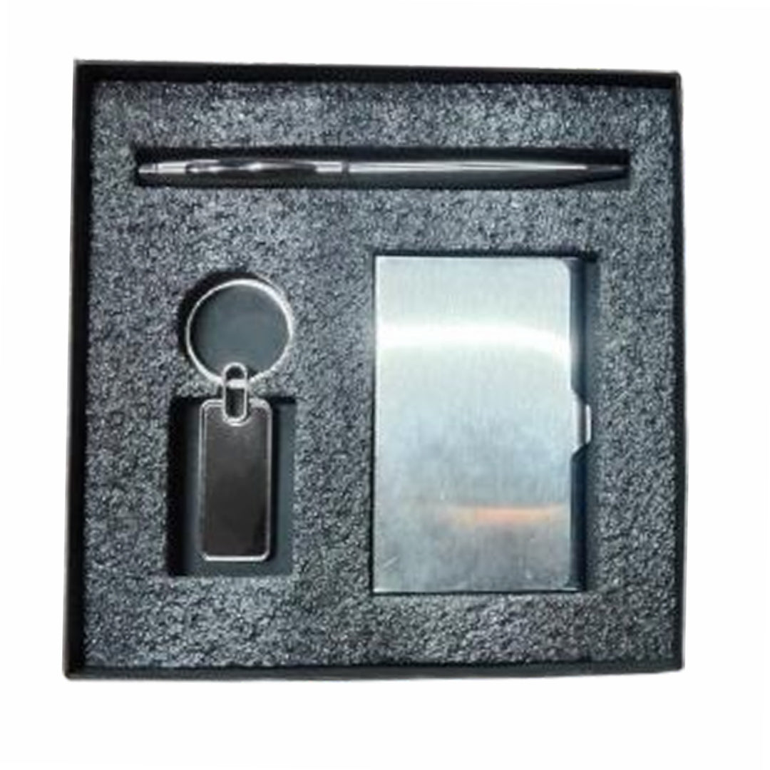 Cubic Silver Metal Cardholder Gift Set with Pen & Keychain