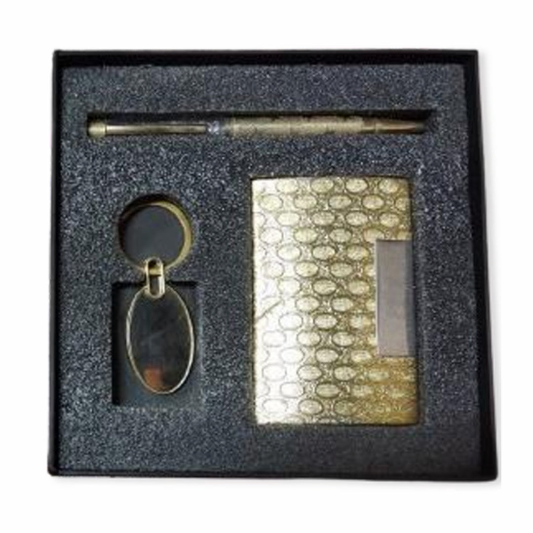 Cubic Premium Cardholder Gift Set with Pen & Keychain – Gold Finish