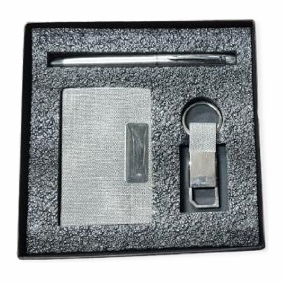 Cubic Silver Textured Cardholder Gift Set with Pen & Keychain