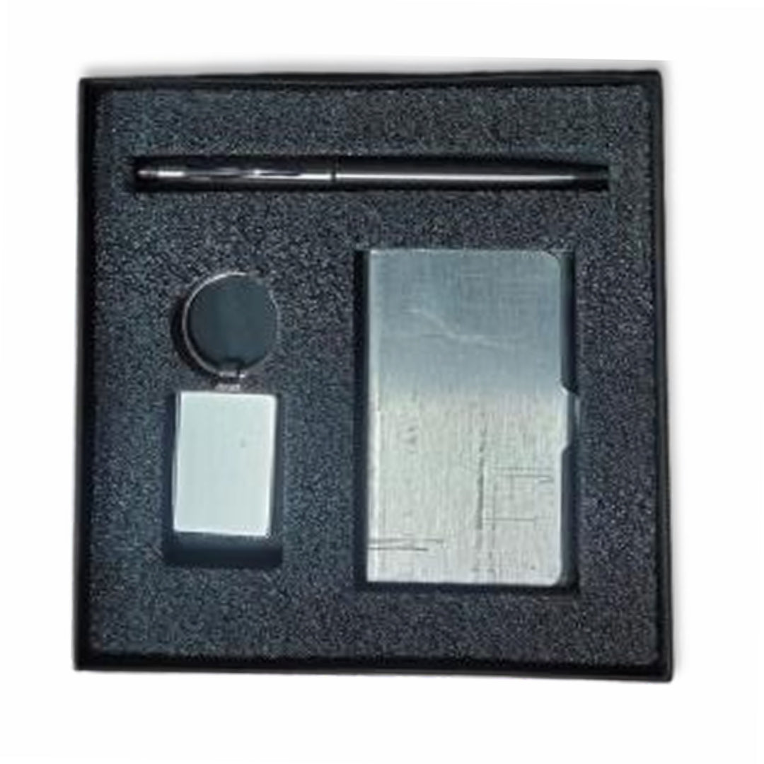 Cubic Metal Cardholder Gift Set with Pen & Keychain – Silver