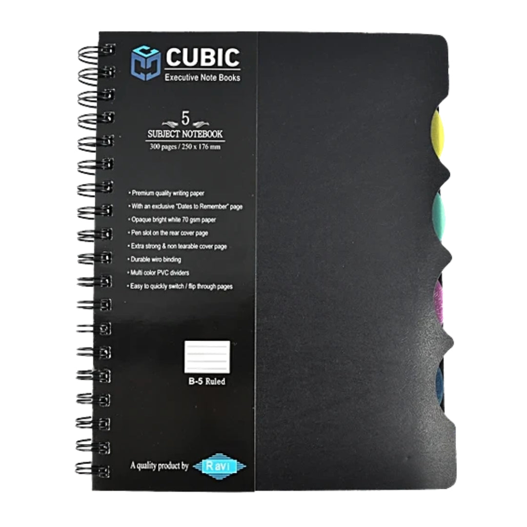 Cubic 5 Subject Notebook | 300 Pages B5 Ruled Spiral with Dividers