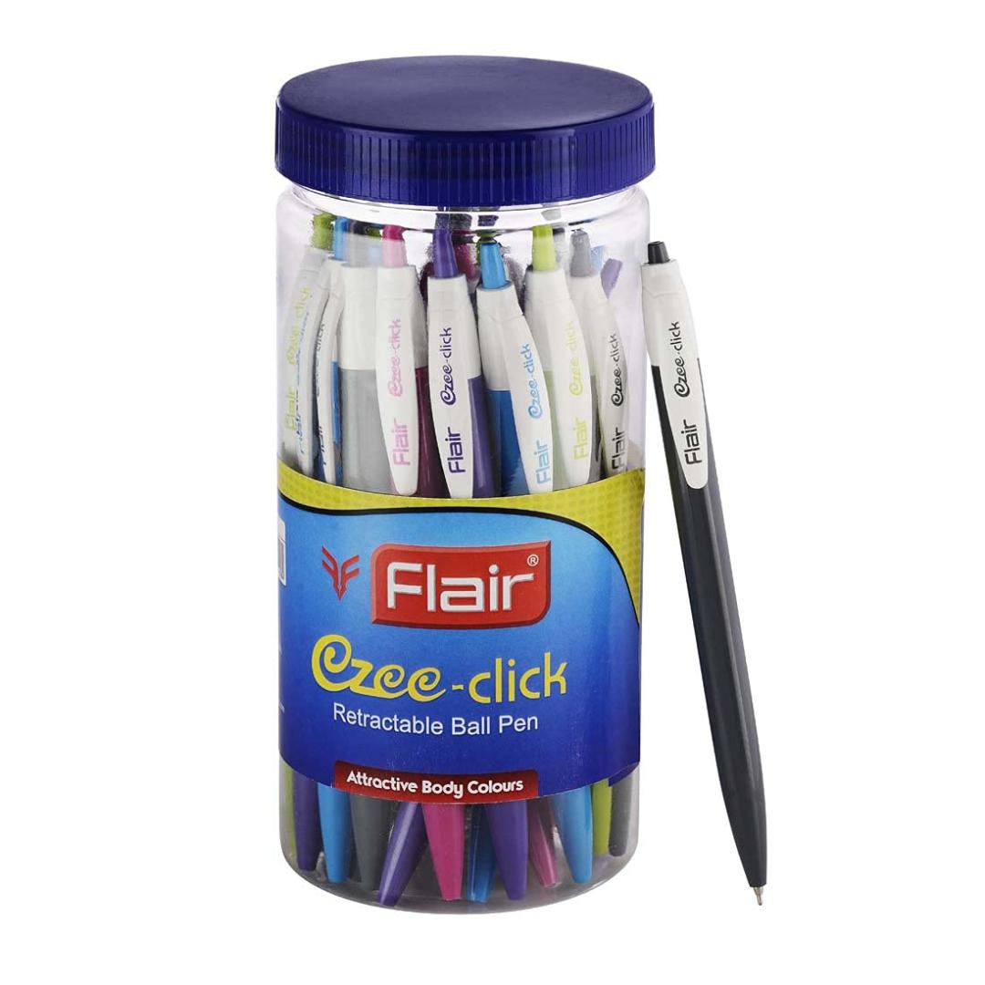 Flair Ezee Click Ball Pens | Blue Ink | Retractable 0.7–1mm Tip | Jar Pack of 25