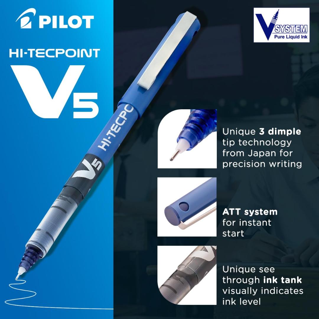 Pilot V5 Liquid Ink Roller Ball Pens | Extra Fine Tip | Blue Ink | Pack of 3