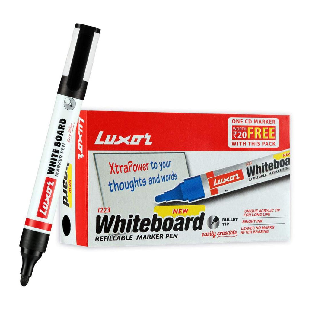 Luxor 1223 White Board Markers | Refillable Black Ink | Bullet Tip | Box of 10