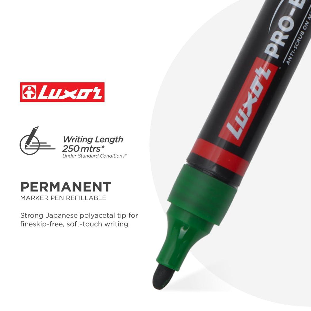 Luxor Pro-E Permanent Markers | Refillable Green Ink | Bold | Pack of 10