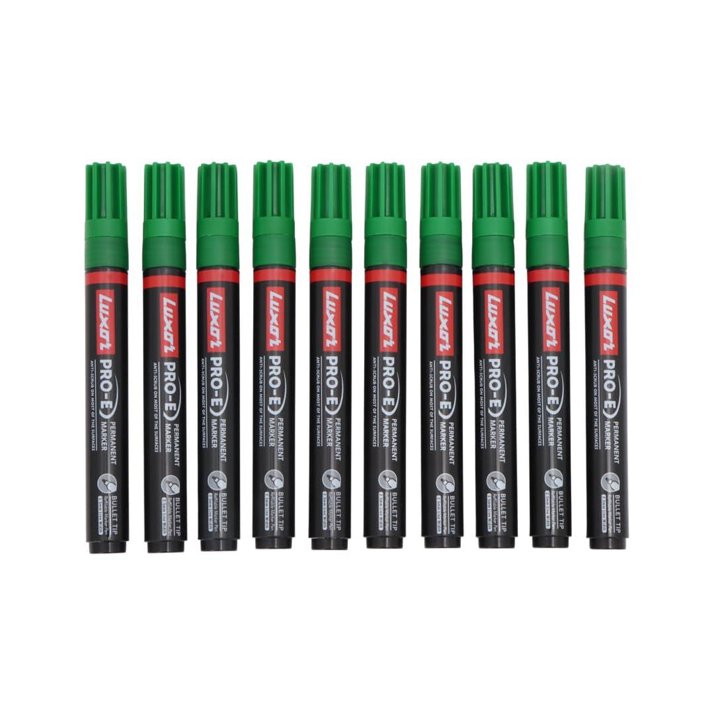 Luxor Pro-E Permanent Markers | Refillable Green Ink | Bold | Pack of 10