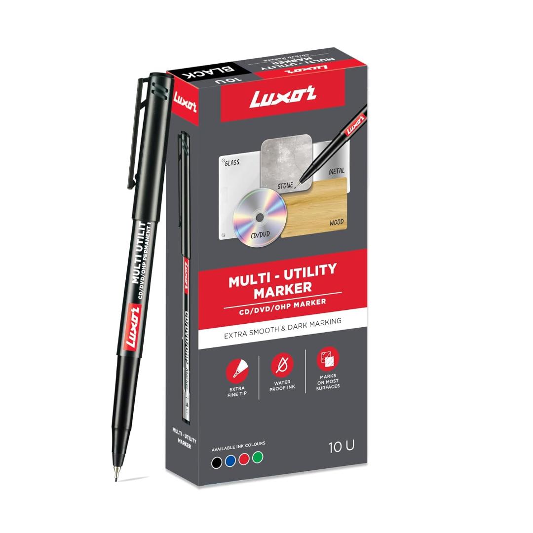Luxor 1236 CD/DVD/OHP Fine Markers | Black Ink | Smudge-Free | Box of 10