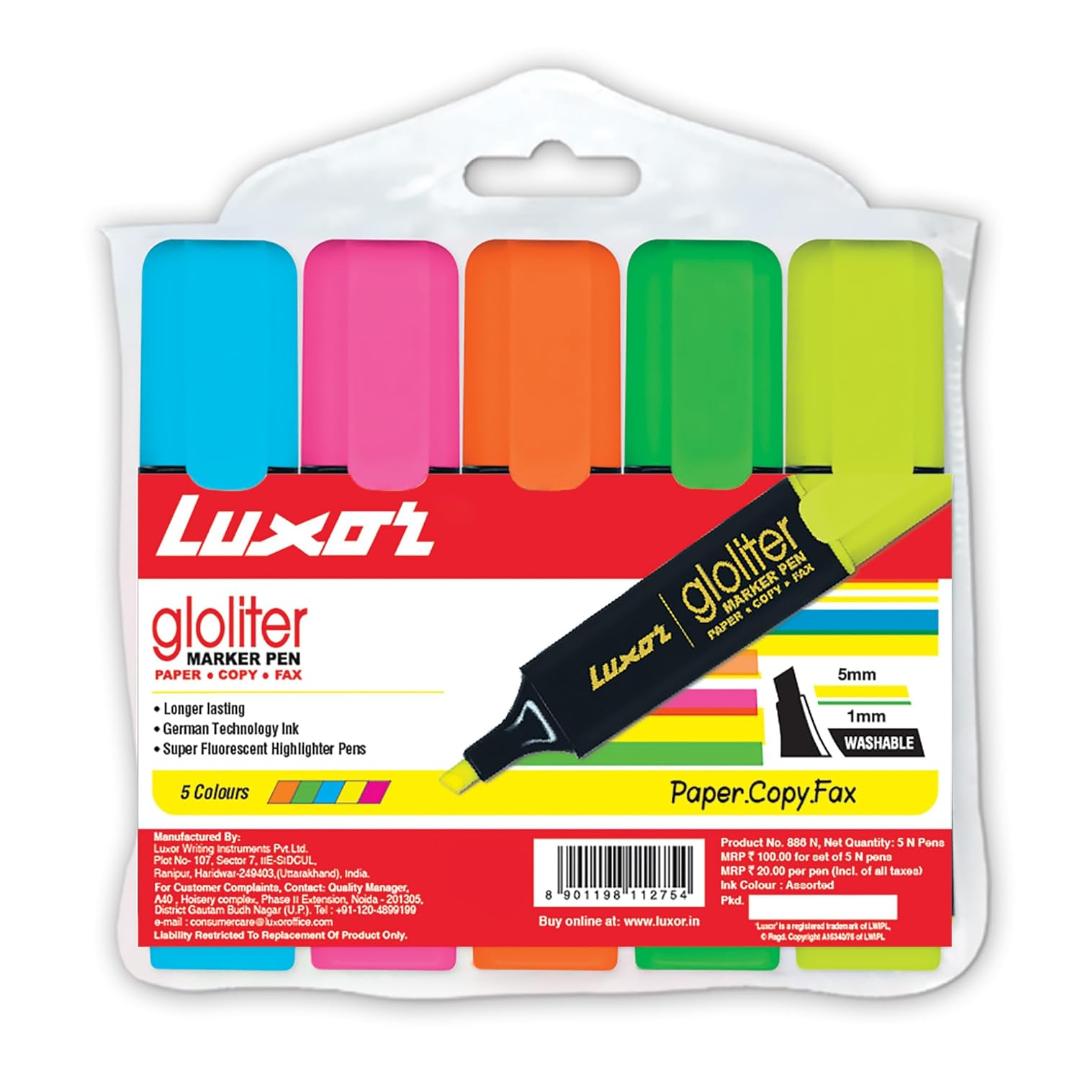 Luxor 886 N Highlighters | Multicolor | Smooth Fluorescent Ink | Set of 5