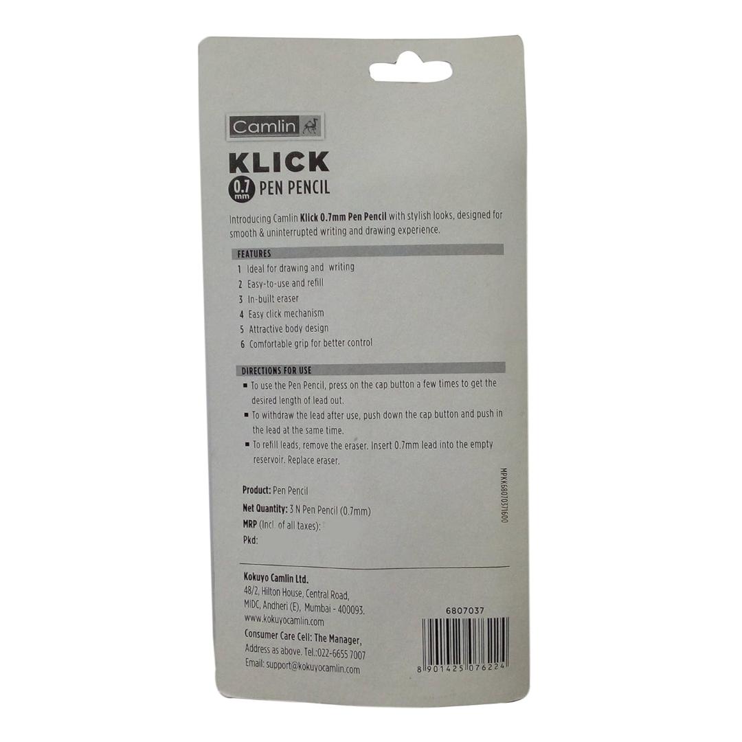 Camlin Klick Pen Pencil | 0.7mm Mechanical | Black Ink (Pack of 3)
