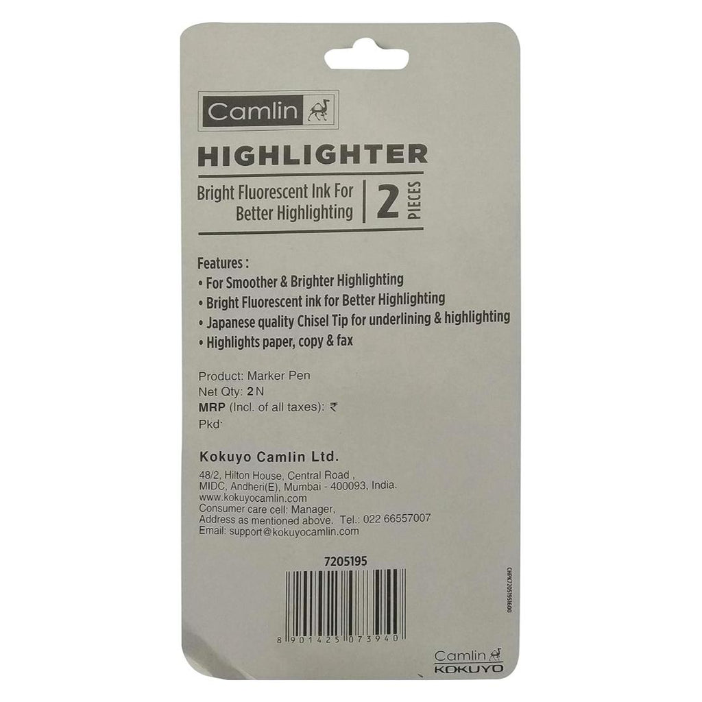 Camlin Highlighter Pens | Chisel Tip | Bright Fluorescent (Pack of 2)