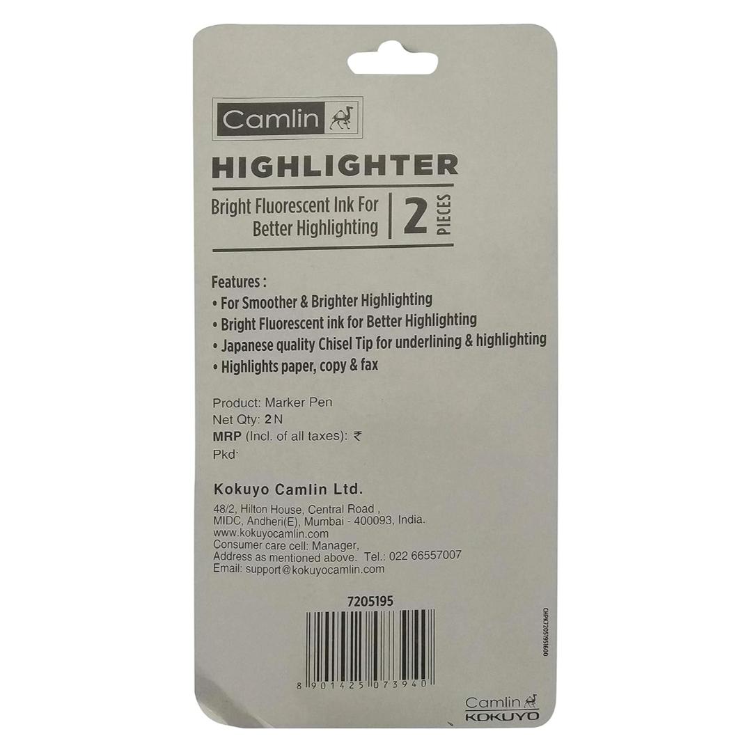 Camlin Highlighter Pens | Chisel Tip | Bright Fluorescent (Pack of 2)