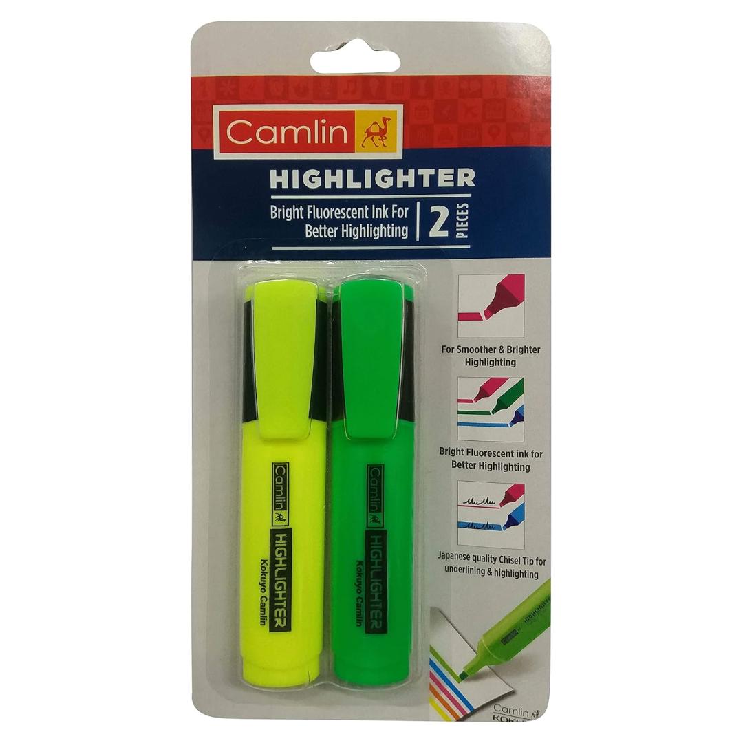 Camlin Highlighter Pens | Chisel Tip | Bright Fluorescent (Pack of 2)