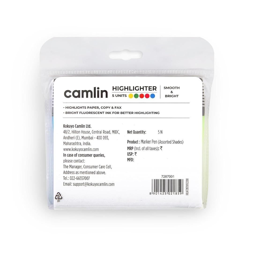 Camlin Highlighter Pens | 5 Shades Multicolor Set, Chisel Tip