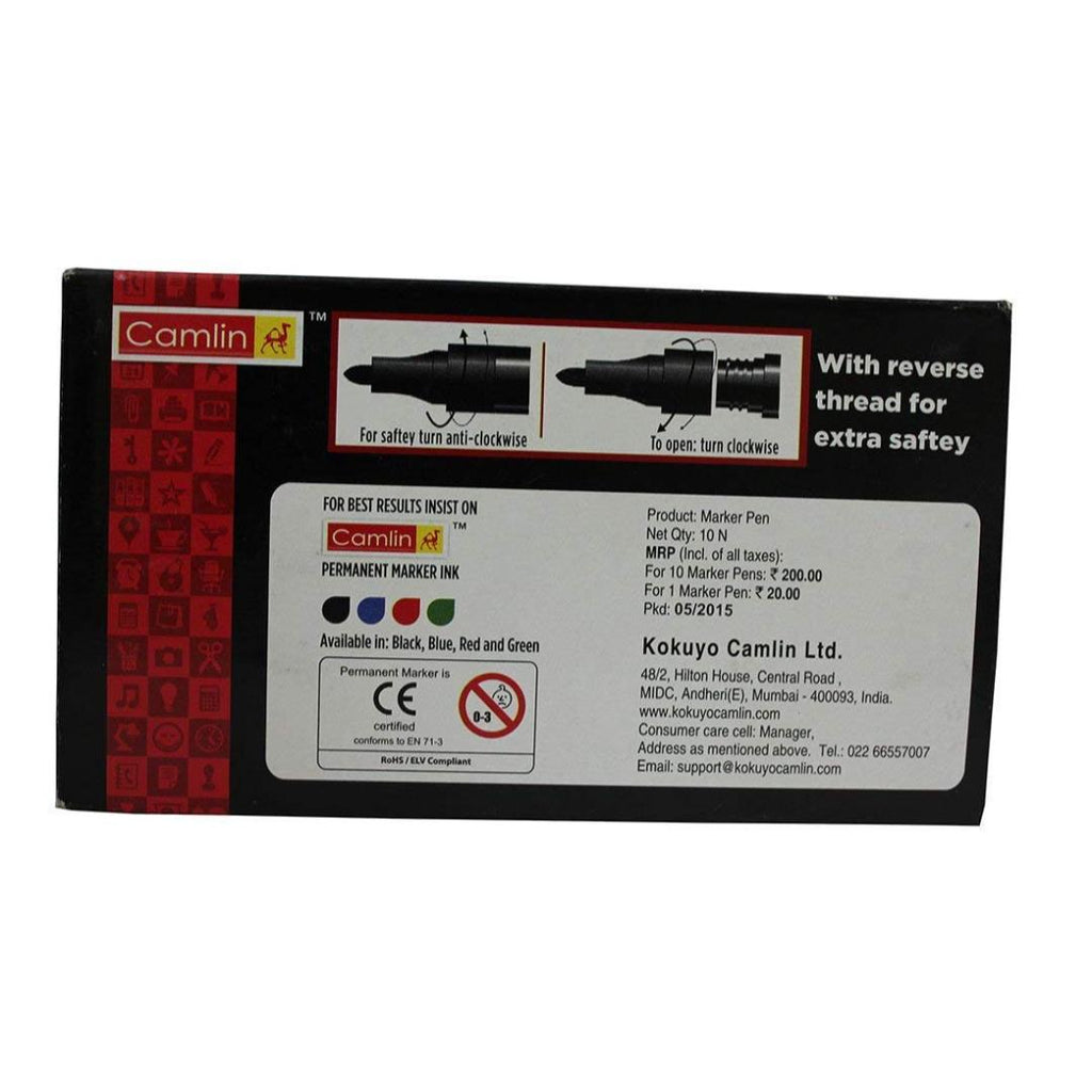 Camlin Bold-E Permanent Marker | Black Ink, Bold Tip (Pack of 10)