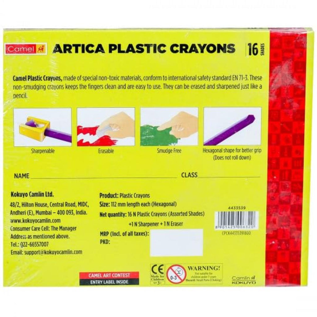 Camel Plastic Crayons | 16 Shades Multicolor Set with Eraser & Sharpener
