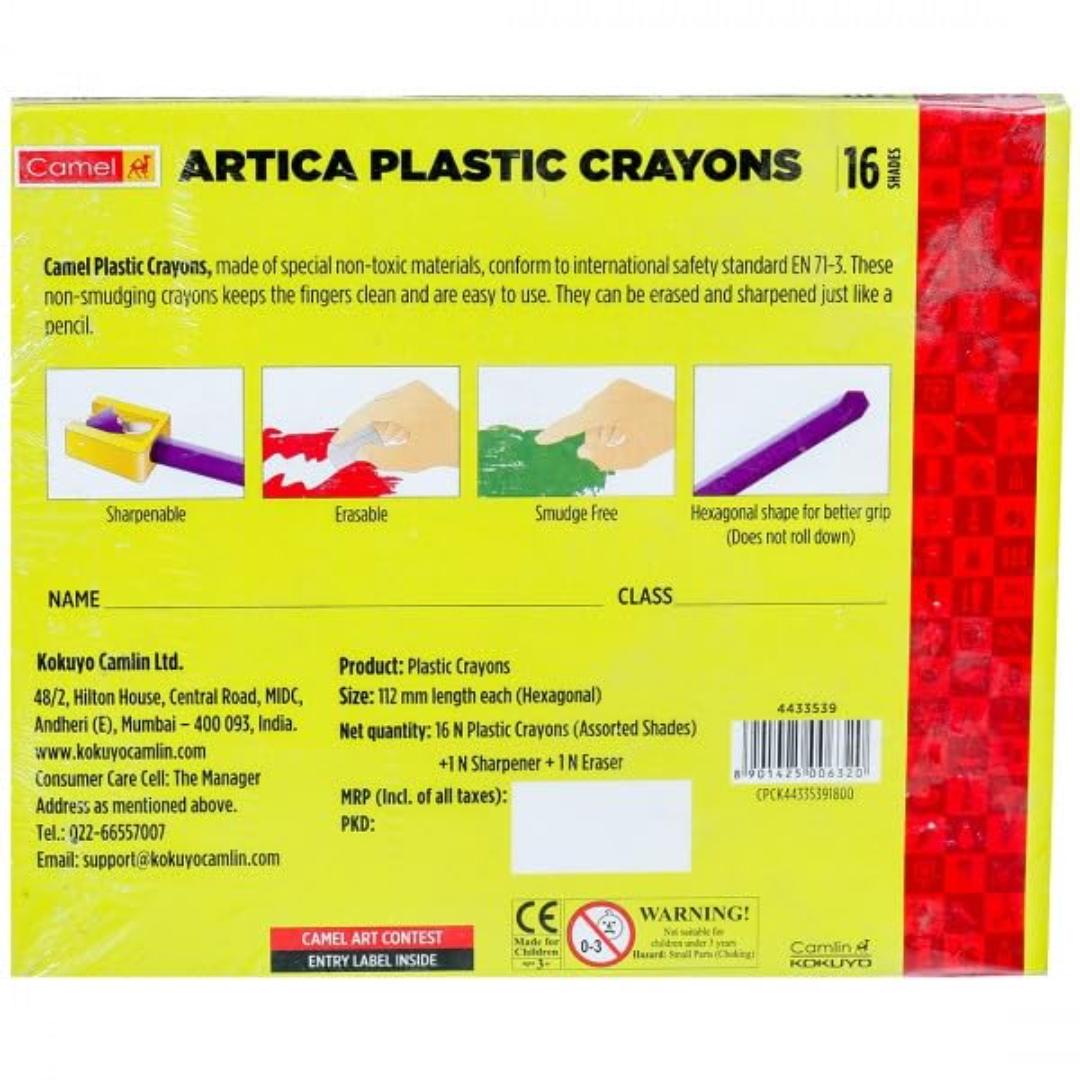 Camel Plastic Crayons | 16 Shades Multicolor Set with Eraser & Sharpener