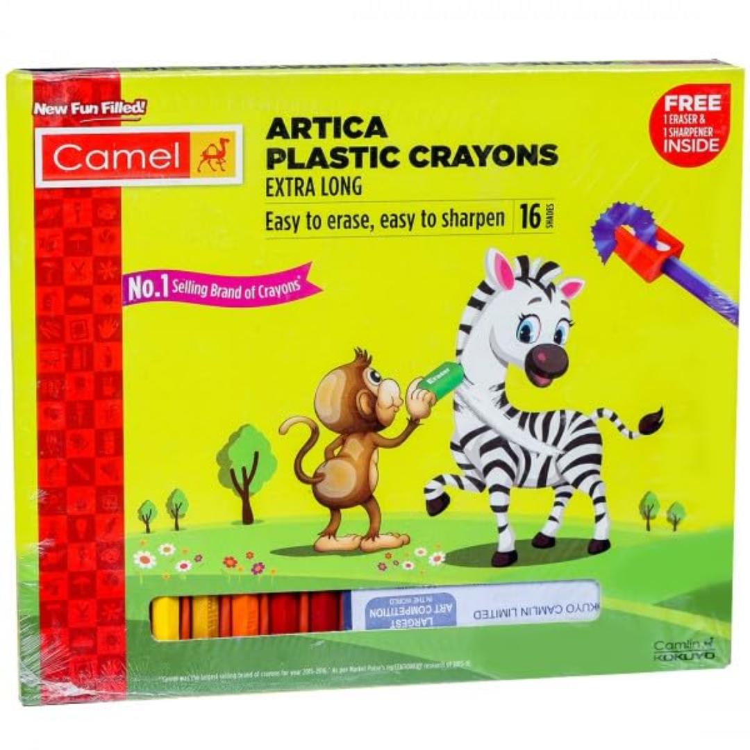 Camel Plastic Crayons | 16 Shades Multicolor Set with Eraser & Sharpener