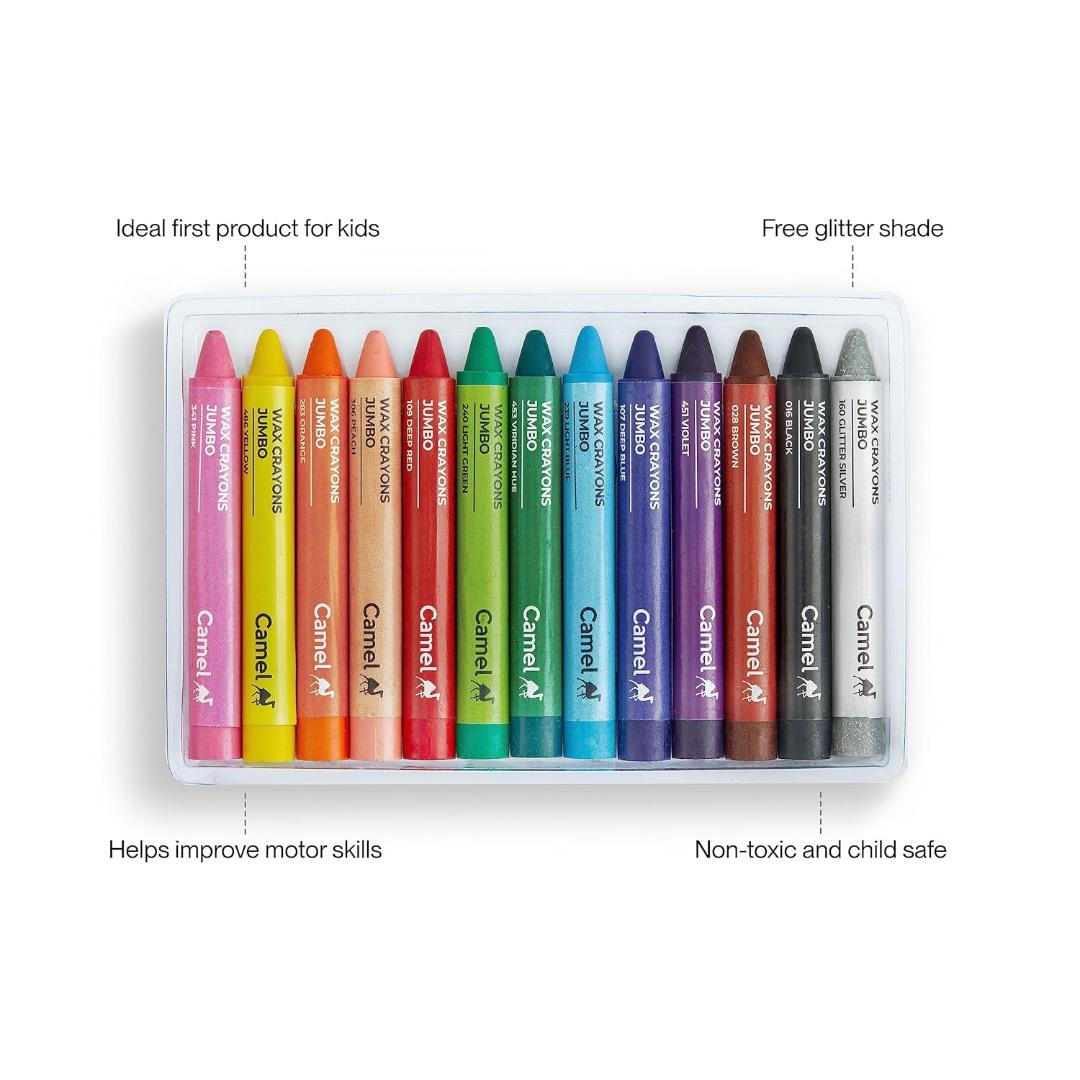 Camel Wax Crayons | 12 Shades + 1 Glitter Crayon Free (13 Pcs Set)