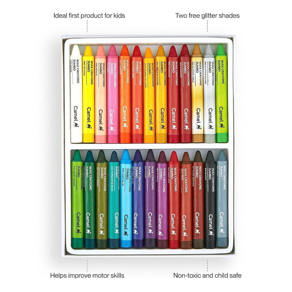 Camel Jumbo Wax Crayons | 26 Shades (24 + 2 Glitter) Non-Toxic Set