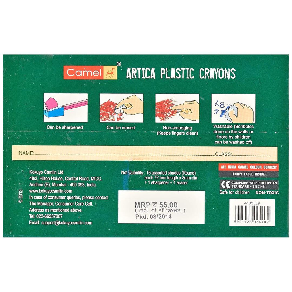 Camlin Kokuyo Plastic Crayons | 15 Shades Set with Eraser & Sharpener