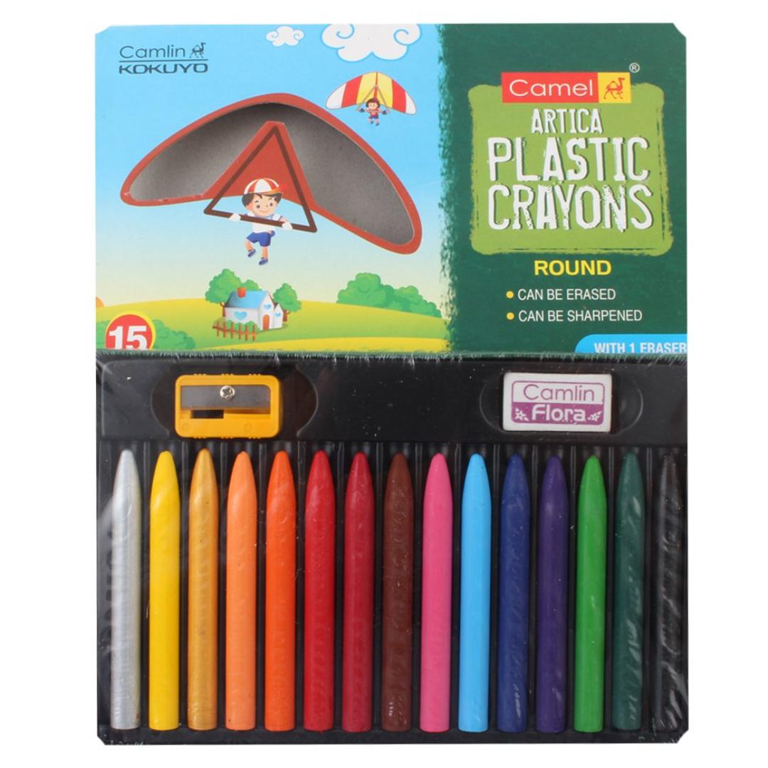 Camlin Kokuyo Plastic Crayons | 15 Shades Set with Eraser & Sharpener