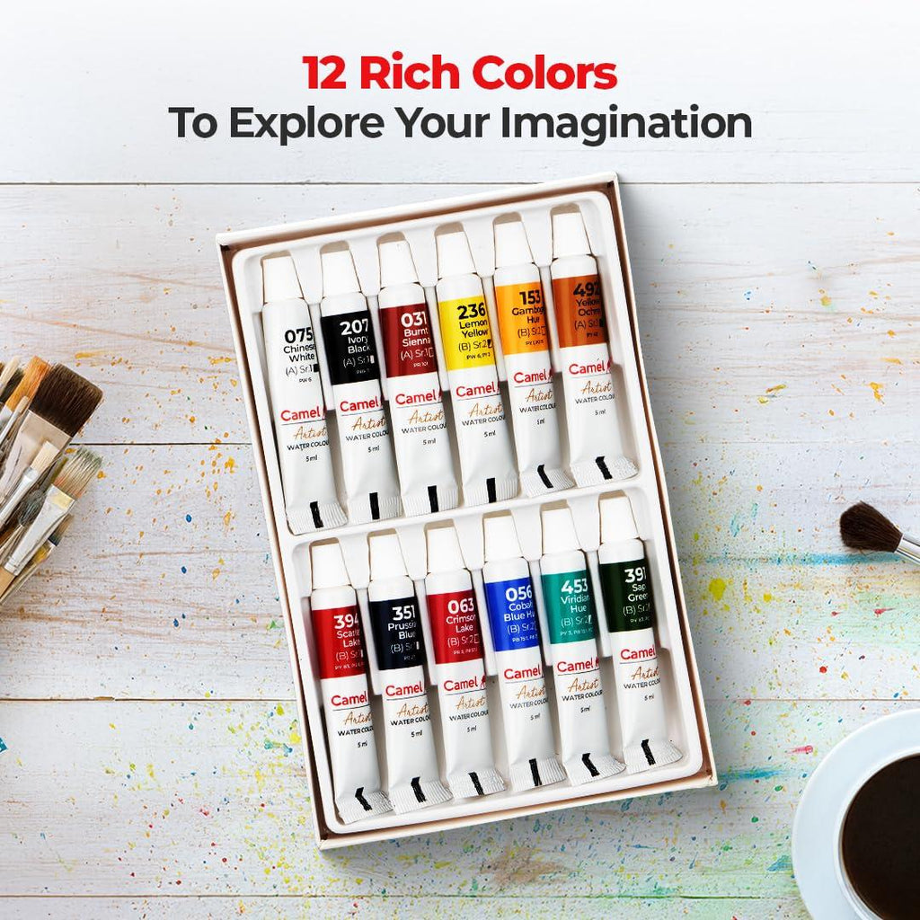 Camel Artist Water Colours | 5 ml × 12 Shades High Vibrancy Paint Set