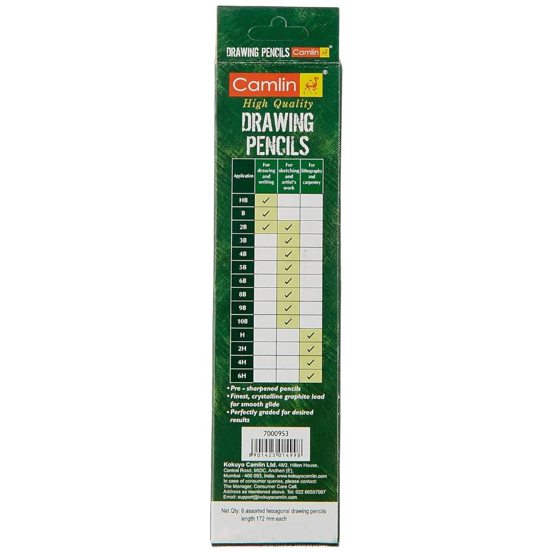 Camlin Kokuyo Drawing Pencils | Pack of 6 Assorted Grades, Ink Black