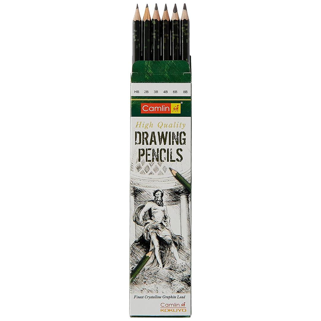Camlin Kokuyo Drawing Pencils | Pack of 6 Assorted Grades, Ink Black