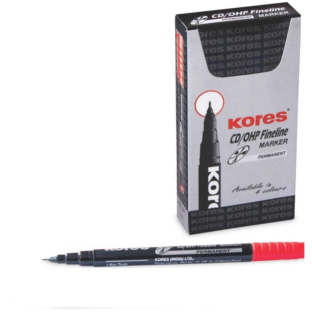 Kores CD/OHP Fine Line Marker Pen | Red Ink, Permanent (Pack of 10)