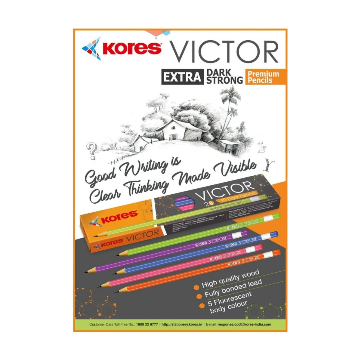 Kores Victor Premium 2B Pencils | Extra Dark Strong Lead (Pack of 10)