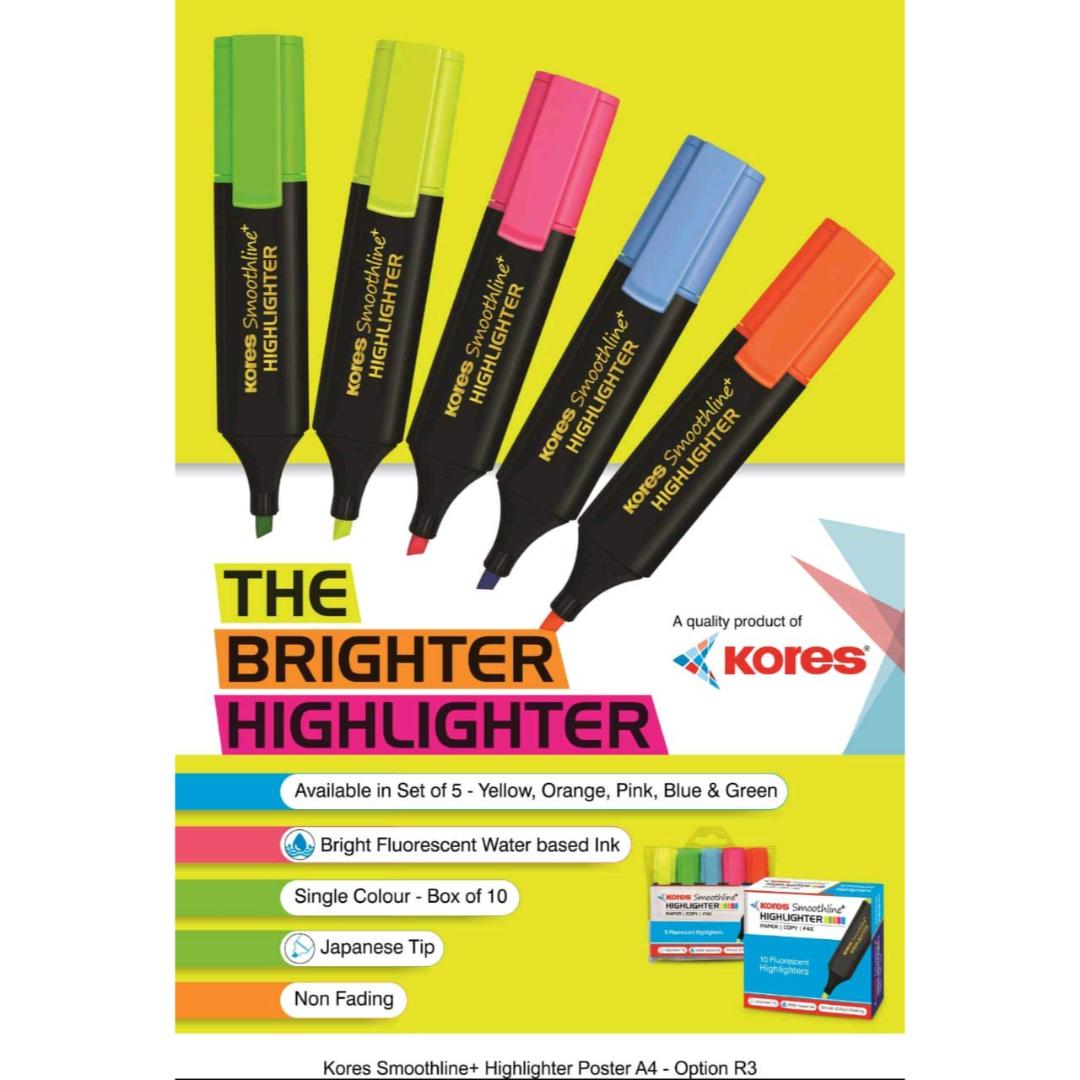 Kores Brighter Highlighter Set of 5 | Multicolor | Water-Based Ink