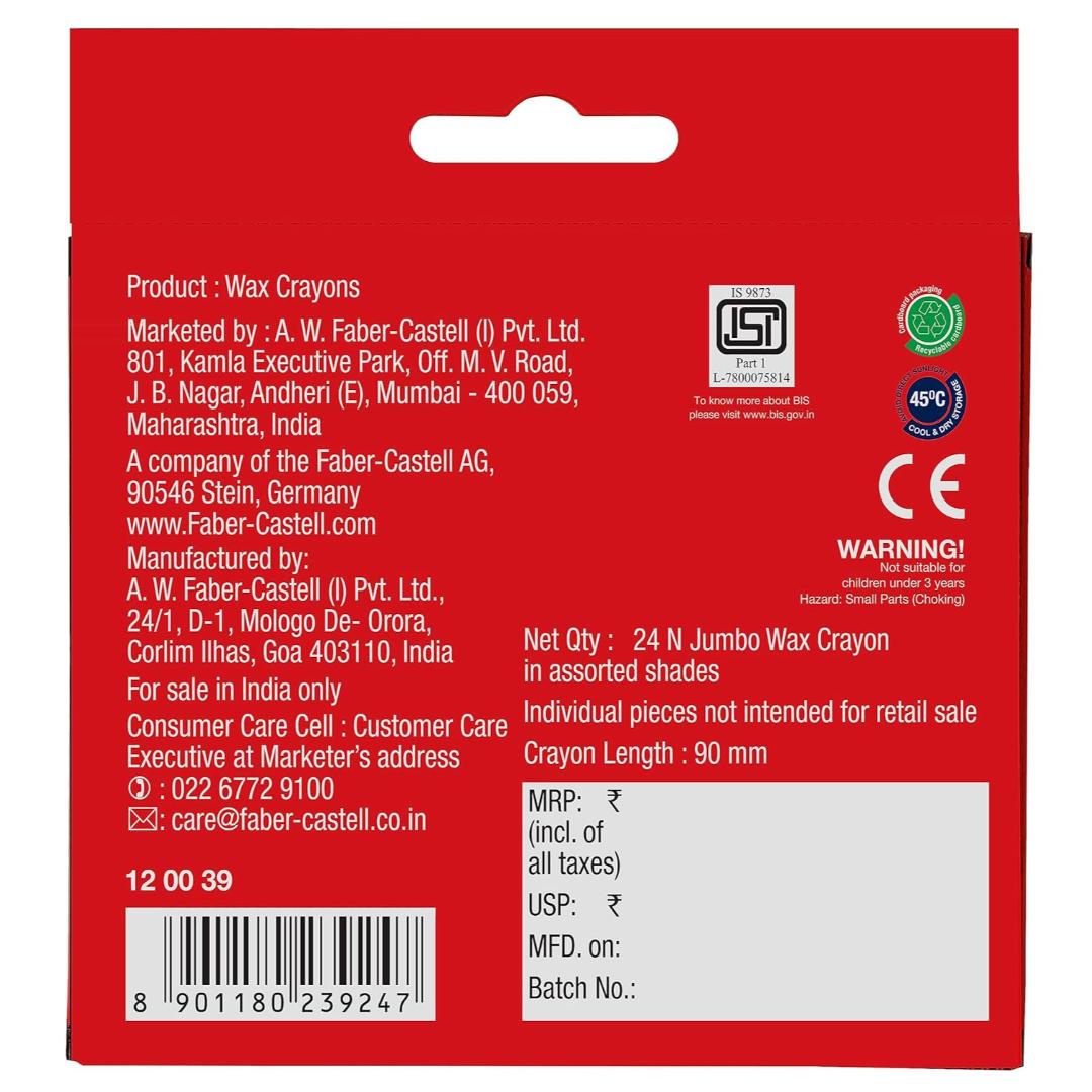 Faber-Castell Jumbo Wax Crayons | 24 Shades | Triangular Grip