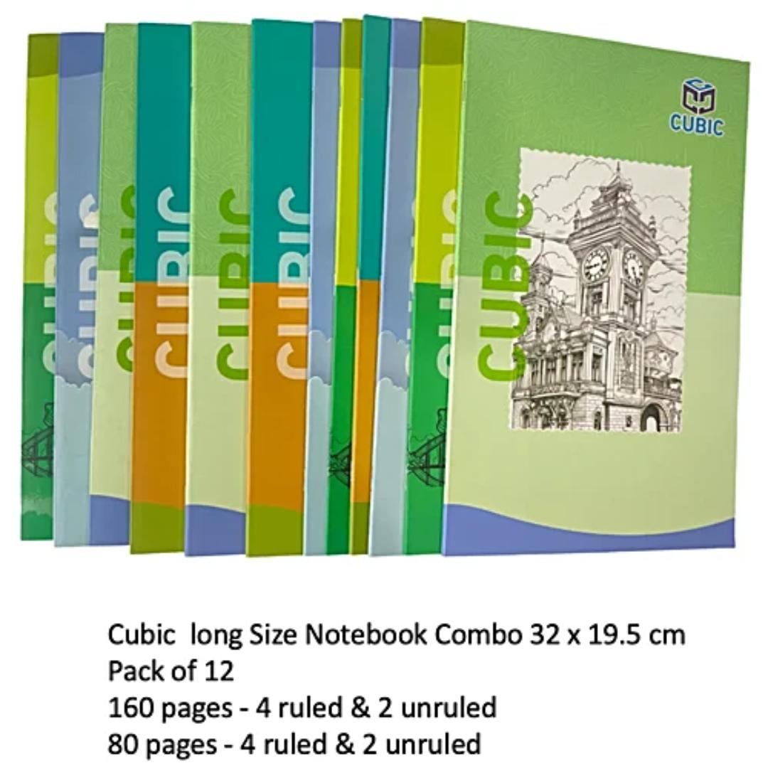 Cubic Long Notebook Combo | 12 Pcs | Ruled & Unruled | 80–160 Pages