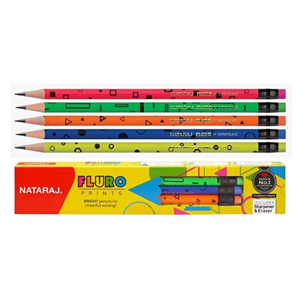 NATARAJ Fluro Bright Printed Pencils | HB Graphite Pencils | Pack of 10