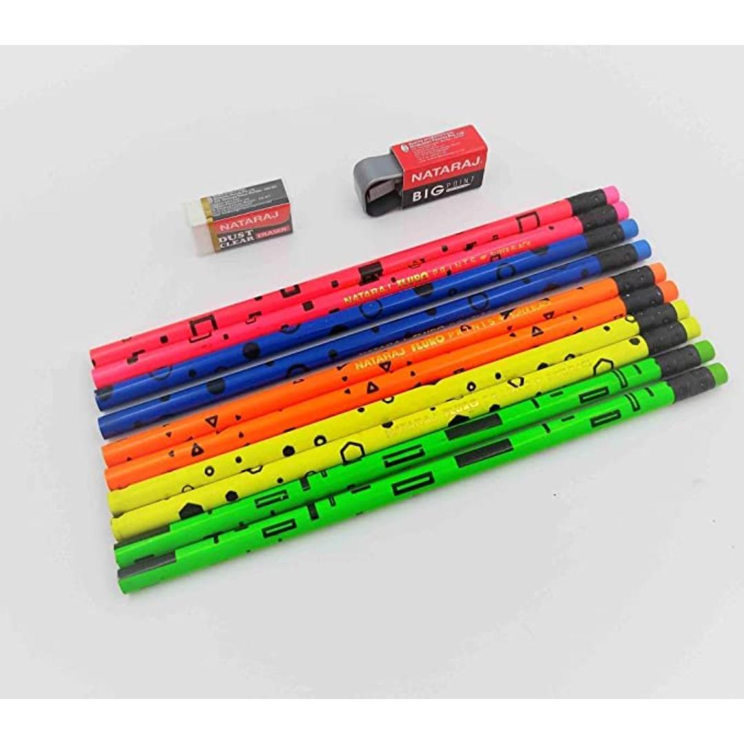 NATARAJ Fluro Bright Printed Pencils | HB Graphite Pencils | Pack of 10