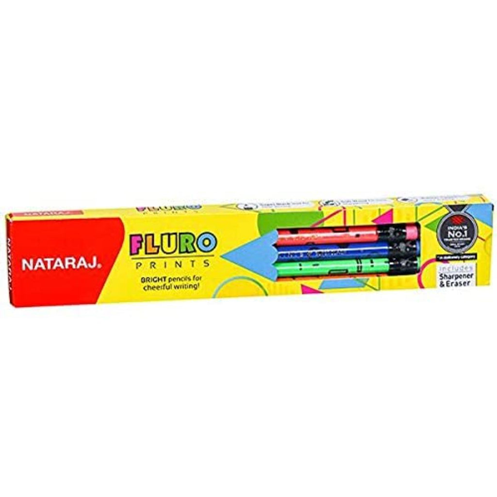 NATARAJ Fluro Bright Printed Pencils | HB Graphite Pencils | Pack of 10