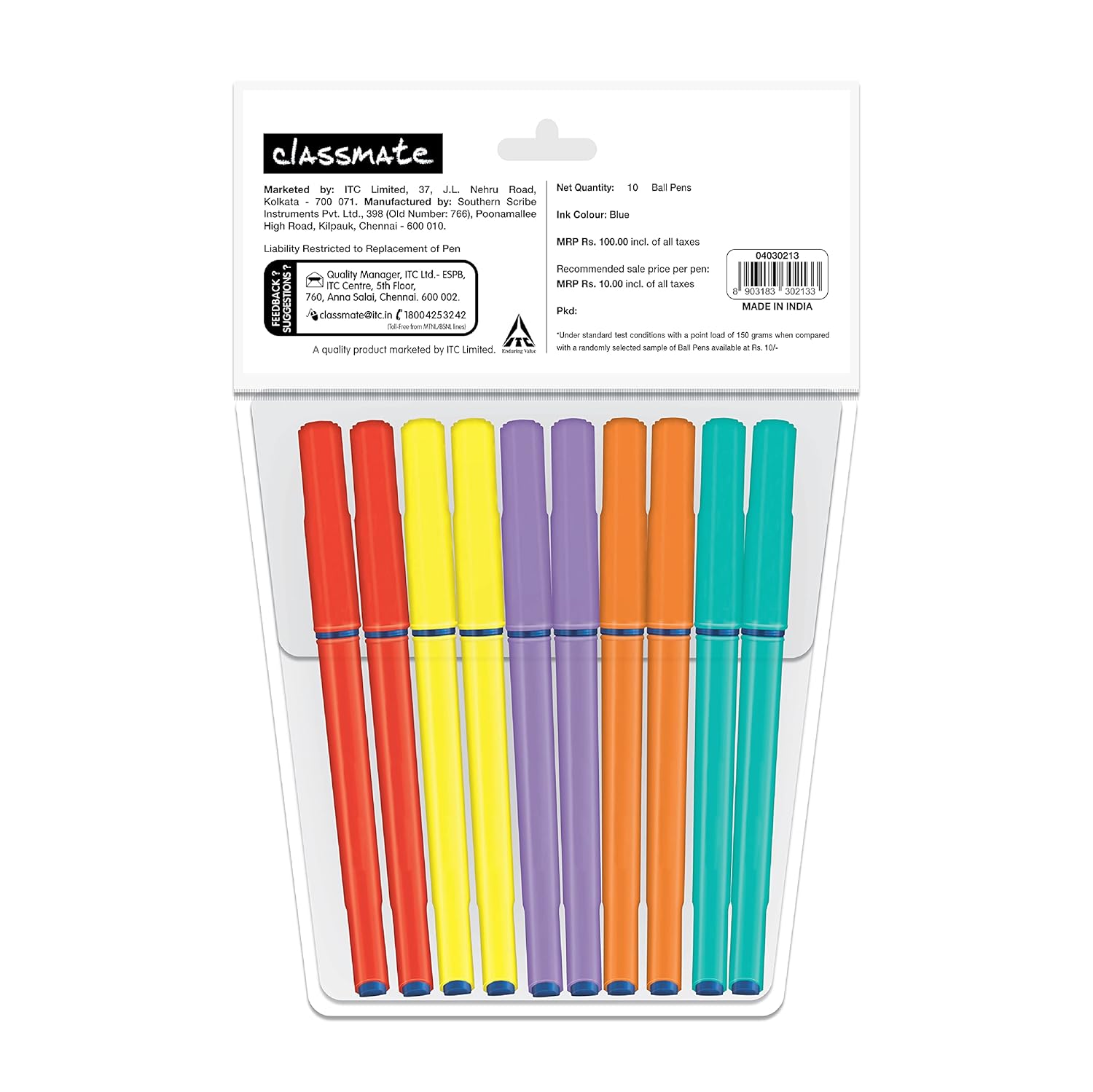 Classmate Octane Ball Colourfest Pens | Smooth Writing Pens Blue Pack of 10